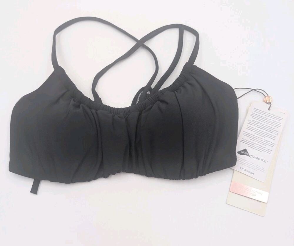 Calia Pure Black Bikini Top With Removable Cups Size XS Scrunched Tie Back